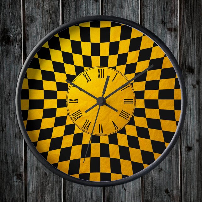 Horloge Ronde Gold & Black Checked square pattern / Retro design (Créateur téléchargé)