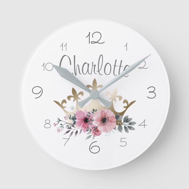Horloge Ronde Gold Princess Crown Rose Aquarelle Fleurs Nom (Recto)