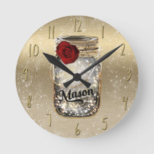 Horloge Ronde Gold Sparkle Glam Red Rose Mason Jar