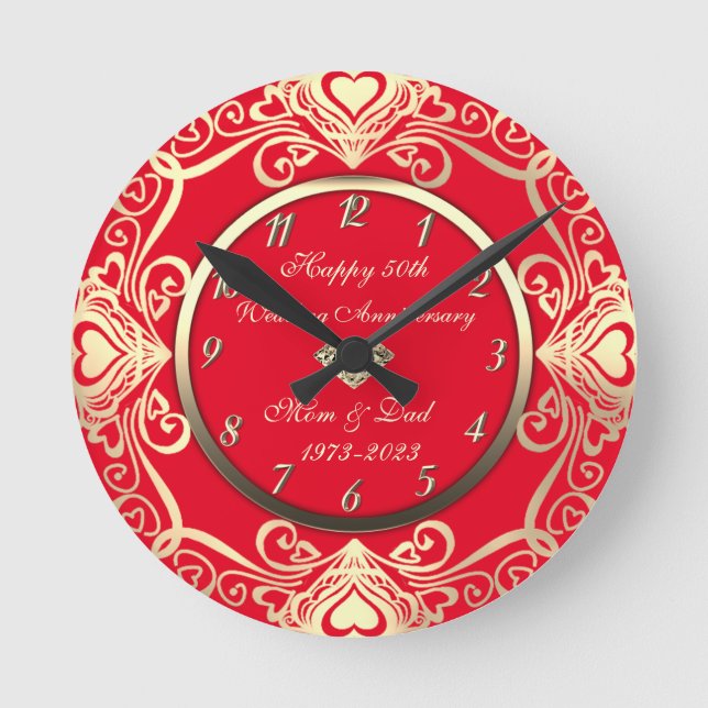 Horloge Ronde Gold Swirls Coeurs Diamond Rouge 50e Mariage (Recto)