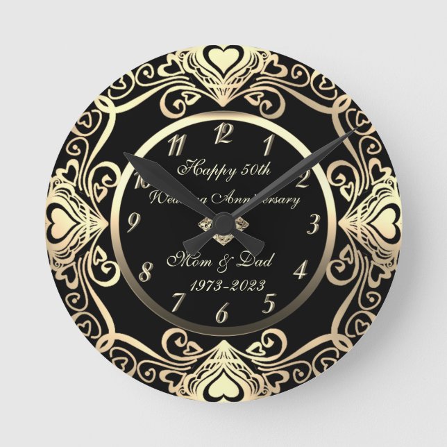 Horloge Ronde Gold Swirls Hearts Diamond 50e Mariage (Recto)