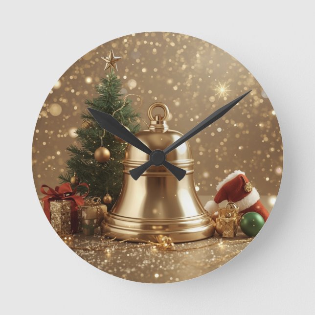 Horloge Ronde Golden Christmas Bell Wall Clock – Festive Holiday (Recto)