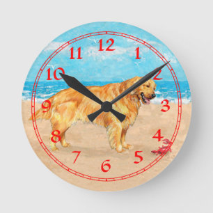 Horloge Ronde Golden Retriever à la Plage