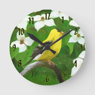 Horloge Ronde Goldfinch américain en peinture d'hiver - Oiseau s