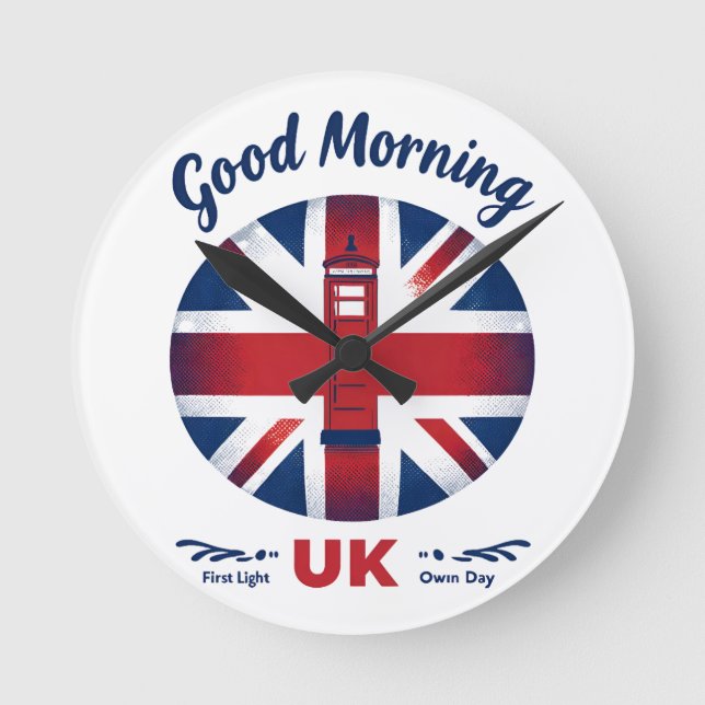 Horloge Ronde Good Morning UK - Union Jack & London Téléphone Bo (Recto)