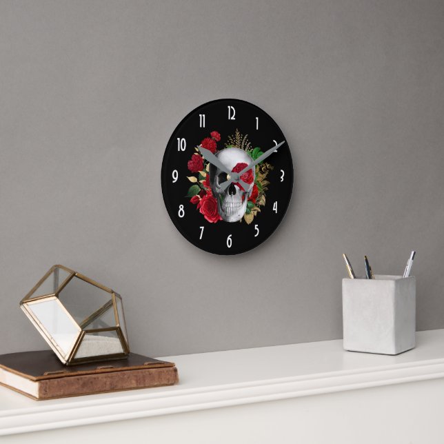 Horloge Ronde Goth Crâne avec Fleurs rouges et Feuilles d'or (Bureau)