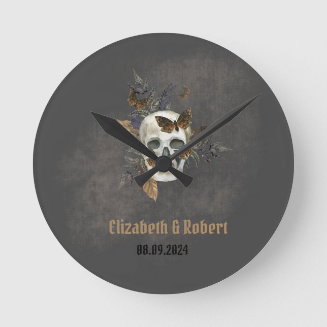 Horloge Ronde Gothique Floral Mariage papillons crâne (Recto)