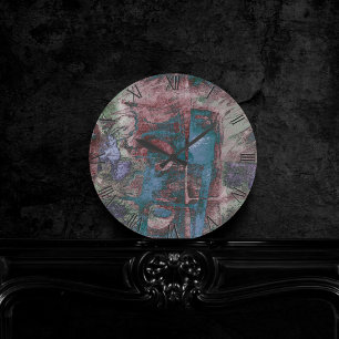 Horloge Ronde Graffiti peint Grunge   Taupe bleu rouille