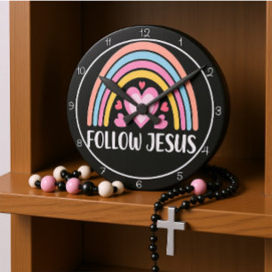 Horloge Ronde Graphisme arc-en-ciel de Jésus avec cœurs