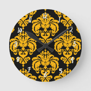 Horloge Ronde Gras Jaune & Noir Damas Moderne Personnalisé