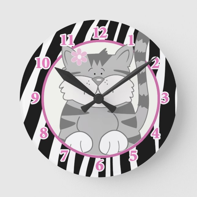 Horloge Ronde Gray Kitten Wall Clock et Zebra Stripe (Recto)
