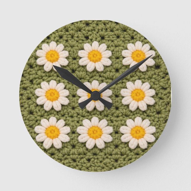 Horloge Ronde Green Daisy Granny Square Crochet Pattern Floral (Recto)