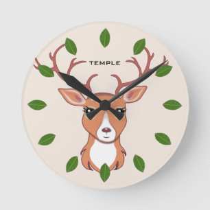 Horloge Ronde Green Laurel Feuilles & mignonette Reindeer Face