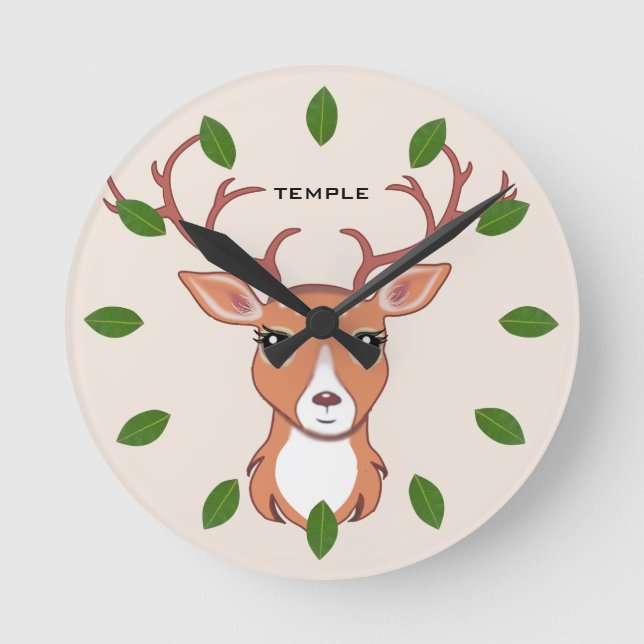 Horloge Ronde Green Laurel Feuilles & mignonette Reindeer Face (Recto)