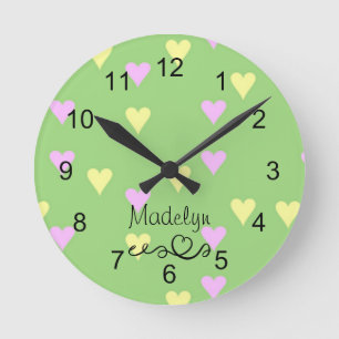 Horloge Ronde Green Pastel Heart Print Nursery Wall Clock