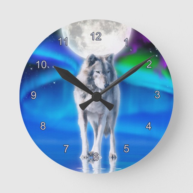 Horloge Ronde Grey Wolf & Aurora Moon Wildlife Art Clock (Recto)