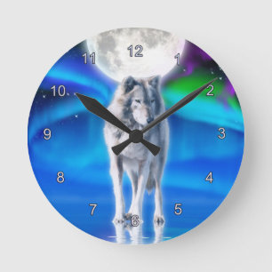 Horloge Ronde Grey Wolf & Aurora Moon Wildlife Art Clock