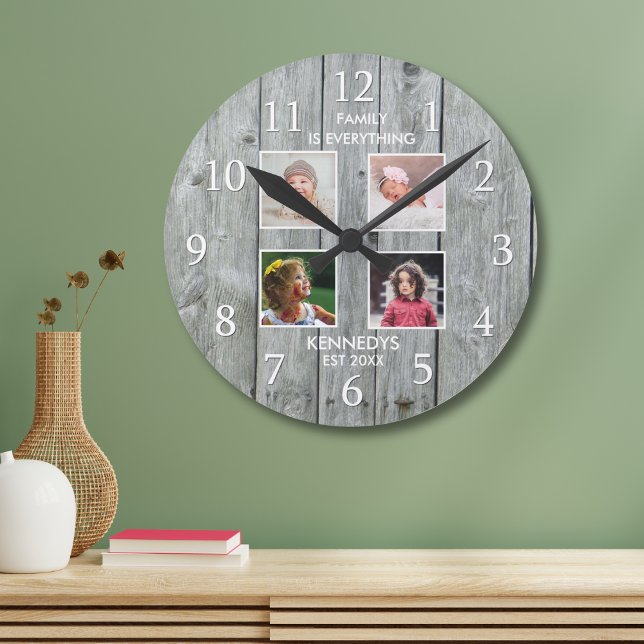 Horloge Ronde Grey Wood 4 Photo Collage Nom de famille Citation (Gray Wood 4 Photo Collage Family Name Quote Round Clock)