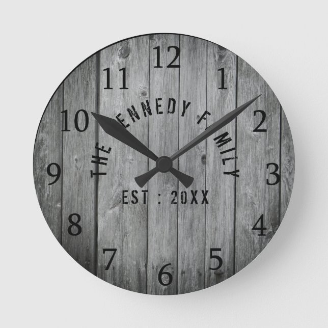 Horloge Ronde Grey Wood Farmhouse Nom de famille (Recto)