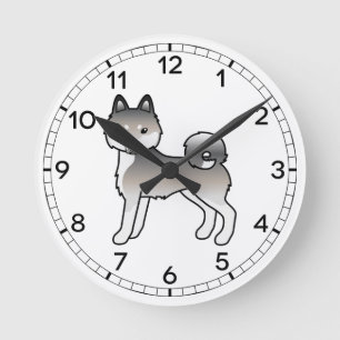 Horloge Ronde Gris Et Blanc Alaskan Klee Kai Cartoon Chien