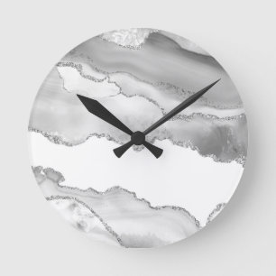 Horloge Ronde Gris Marbre blanc Agate simple étincelle d'argent