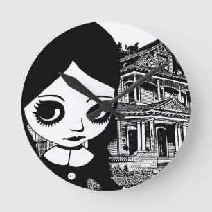Horloge Ronde Gros oeil Goth girl Maison hantée Art original