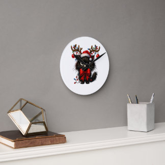 Horloge Ronde Grumpy Christmas Cat with Santa Hat and Antlers