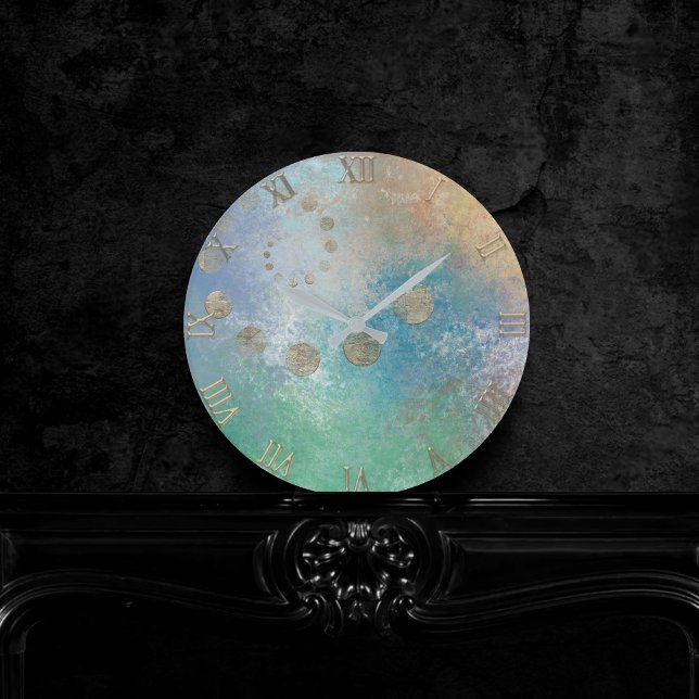 Horloge Ronde Grunge Côtière | Aquarelle bleu et vert or (Créateur téléchargé)