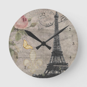 Horloge Ronde Grunge rose de papillon de Tour Eiffel vintage de