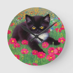 Horloge Ronde Gustav Klimt Tuxedo Chat avec des numéros d'horlog