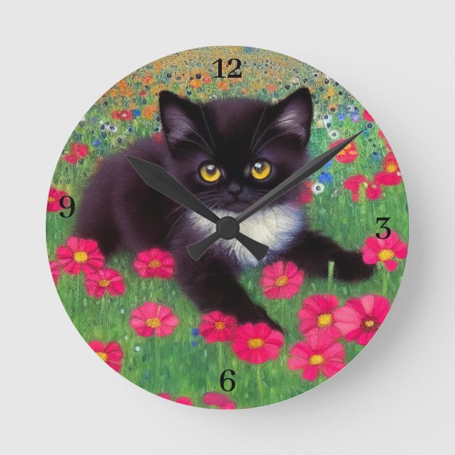 Horloge Ronde Gustav Klimt Tuxedo Chat avec numéro d'horloge (Recto)