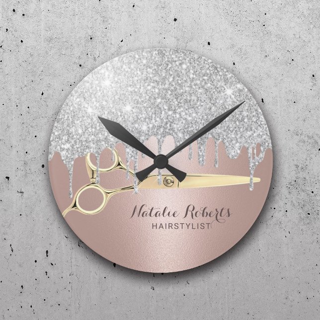 Horloge Ronde Hair Stylist Silver Glitter Drips Rose Gold Salon (Créateur téléchargé)