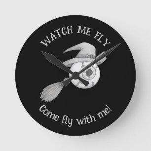 Horloge Ronde Halloween balai sorcière et globe oculaire effraya