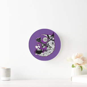 Horloge Ronde Halloween Croissant Lune crâne de sorcière