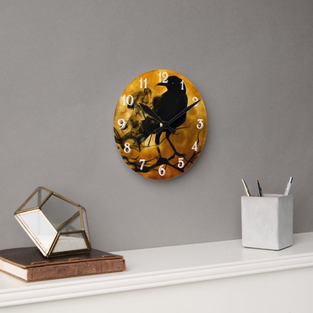 Horloge Ronde Halloween éffrayant noir corbeau (Bureau)
