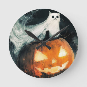 Horloge Ronde Halloween GhostCat et Jack-o'-lantern