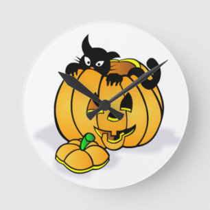 Horloge Ronde Halloween Pumpkin with Black Cat