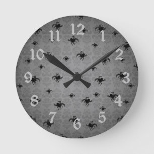 Horloge Ronde Halloween Spiders on gray faded elegant damask