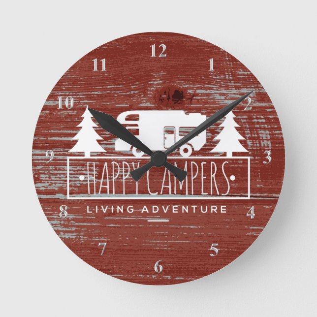 Horloge Ronde Happy Campers RV Camping | Red Rustic Barn Wood (Recto)