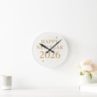 Horloge Ronde ✨ Happy New Year 2026 Elegant Gold Wall Clock | Mi