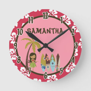 Horloge Ronde Hawaiian Luau Surf Board Tiki Personalized Clock