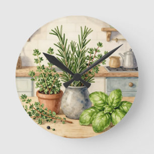 Horloge Ronde Herbes fraîches de cuisine aquarelle 