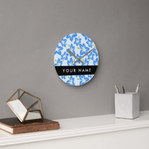 Horloge Ronde Hibiscus Bleu, Fleurs Bleues, Votre Nom