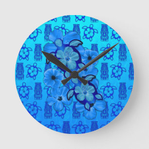 Horloge Ronde Hibiscus bleu Honu Tortues Tiki