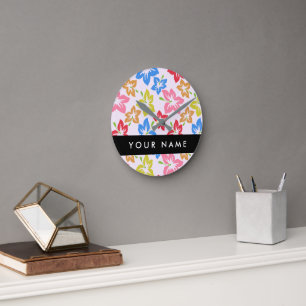 Horloge Ronde Hibiscus Coloré, Motif Floral, Votre Nom