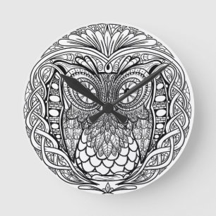 Horloge Ronde Hibou noué de mandala noir et blanc