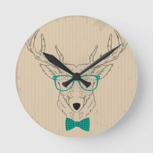 Horloge Ronde Hipster Reindeer Elk avec des lunettes grungy Noël