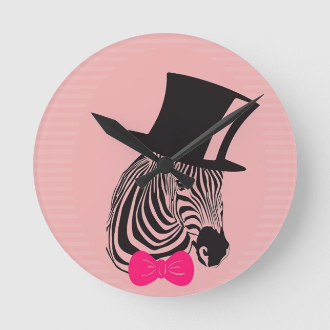 Horloge Ronde Hipster Zebra avec chapeau supérieur et Cravate Bo (Recto)