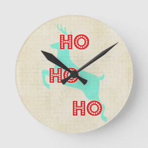 Horloge Ronde ho ho ho renne rouge bleu Noël vintage