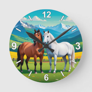 Horloge Ronde Horse Wall Clock – White and Brown Horses Nature H